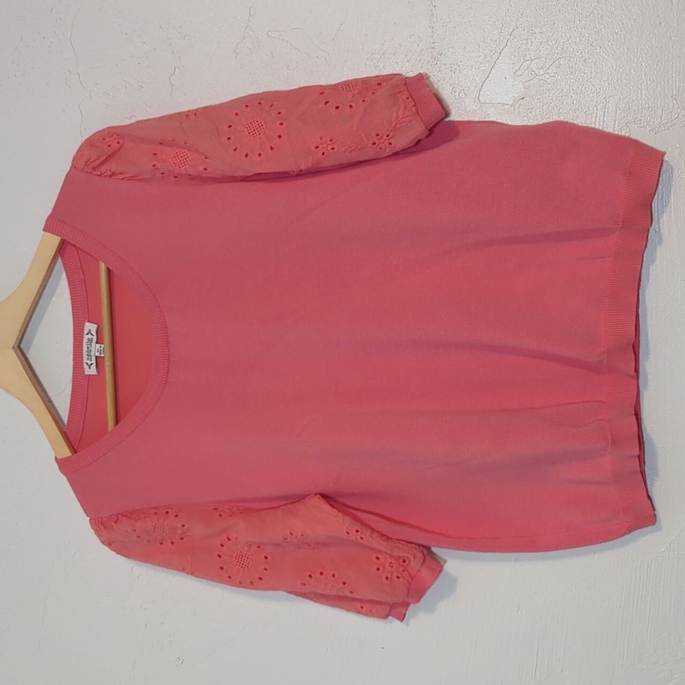 Pink Floral Eyelet 3/4 Sleeves Comfy Casual Office Teacher Sweater Top Colorful